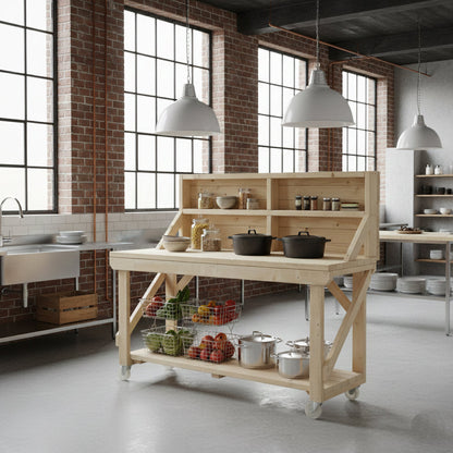 Acorn Wooden Workbench With Back Panel and Wheels