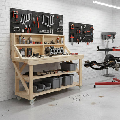 Acorn Wooden Workbench With Back Panel, Double Shelf and Wheels