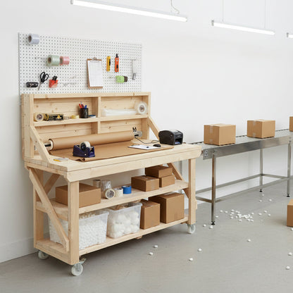 Acorn Wooden Workbench With Back Panel, Double Shelf and Wheels