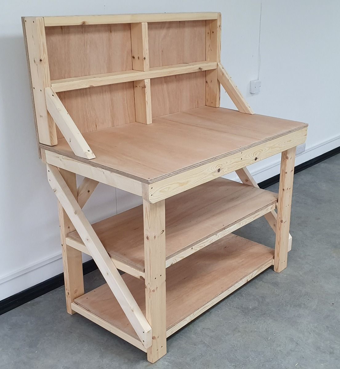 Wooden Workbench 18mm Eucalyptus Hardwood Top With Back Panel And Double Shelf