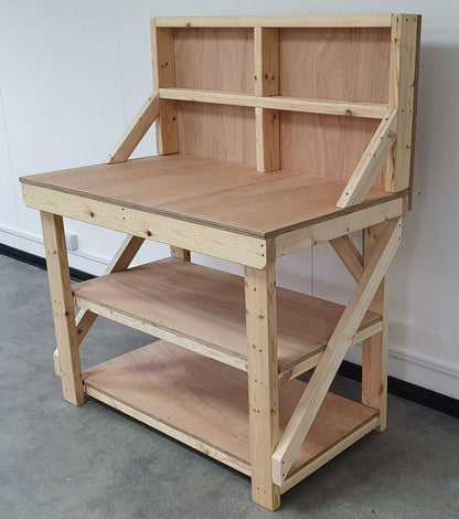 Wooden Workbench 18mm Eucalyptus Hardwood Top With Back Panel And Double Shelf