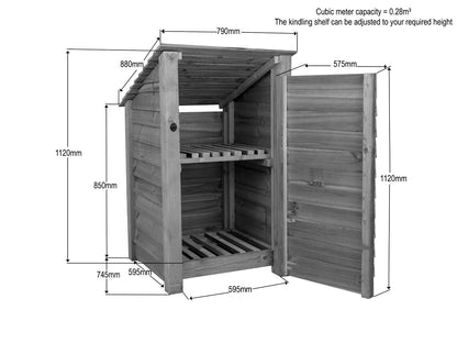 Wooden Log Store with Door and Shelf (Roof Sloping Back) W-79cm, H-126cm or 180cm, D-88cm