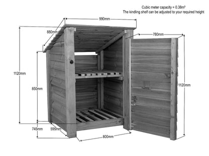 Wooden Log Store with Door and Shelf (Roof Sloping Back) W-99cm, H-126cm Or 180cm, D-88cm