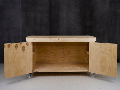 Wooden Plywood Top Workbench With Lockable Cupboard (V.9) With Wheels