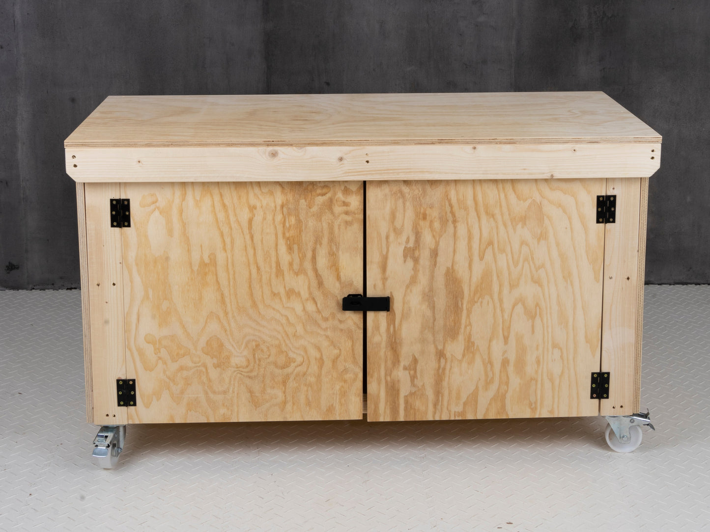 Wooden Plywood Top Workbench With Lockable Cupboard (V.9) With Wheels, Double Shelf