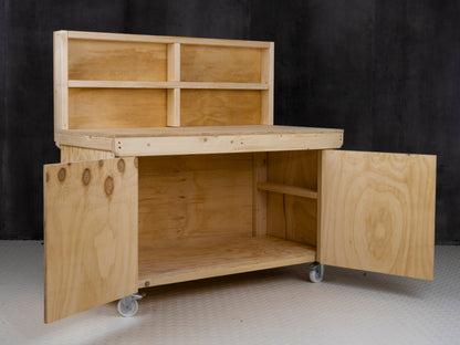 Wooden Plywood Top Workbench With Lockable Cupboard (V.9) With back panel, With Wheels
