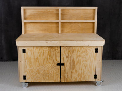 Wooden Plywood Top Workbench With Lockable Cupboard (V.9) With back panel, With Wheels