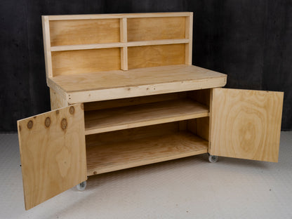 Wooden Plywood Top Workbench With Lockable Cupboard (V.9) With back panel, With wheels, Double Shelf