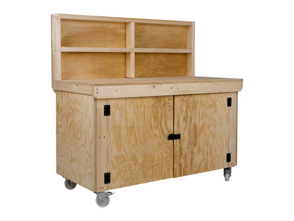 Wooden Plywood Top Workbench With Lockable Cupboard (V.9) With back panel, With Wheels