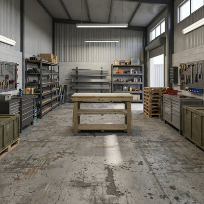 Indoor/outdoor workbench, pressure treated bench with double shelf