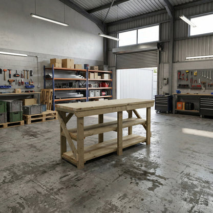 Indoor/outdoor workbench, pressure treated bench with double shelf