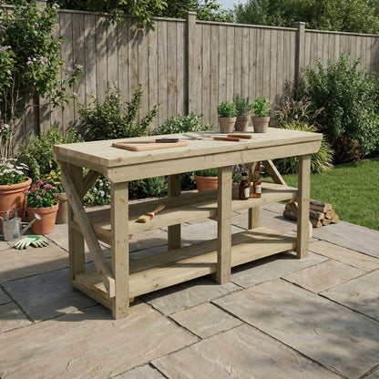 Indoor/outdoor workbench, pressure treated bench with double shelf