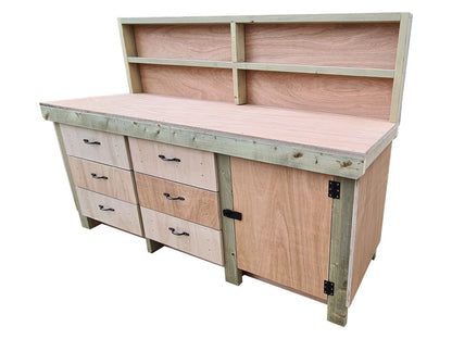 Wooden Eucalyptus hardwood top workbench, cabinet with lockable cupboard (V.3) with back and double shelf