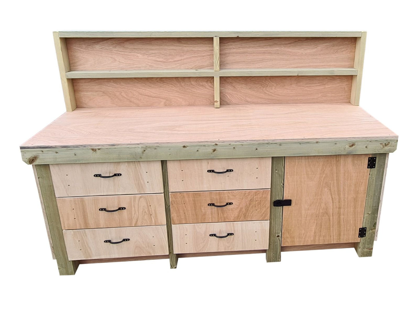 Wooden Eucalyptus hardwood top workbench, cabinet with lockable cupboard (V.3) with back