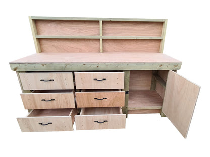 Wooden Eucalyptus hardwood top workbench, cabinet with lockable cupboard (V.3) with back