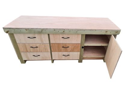 Wooden Eucalyptus hardwood top workbench, cabinet with lockable cupboard (V.3) double shelf