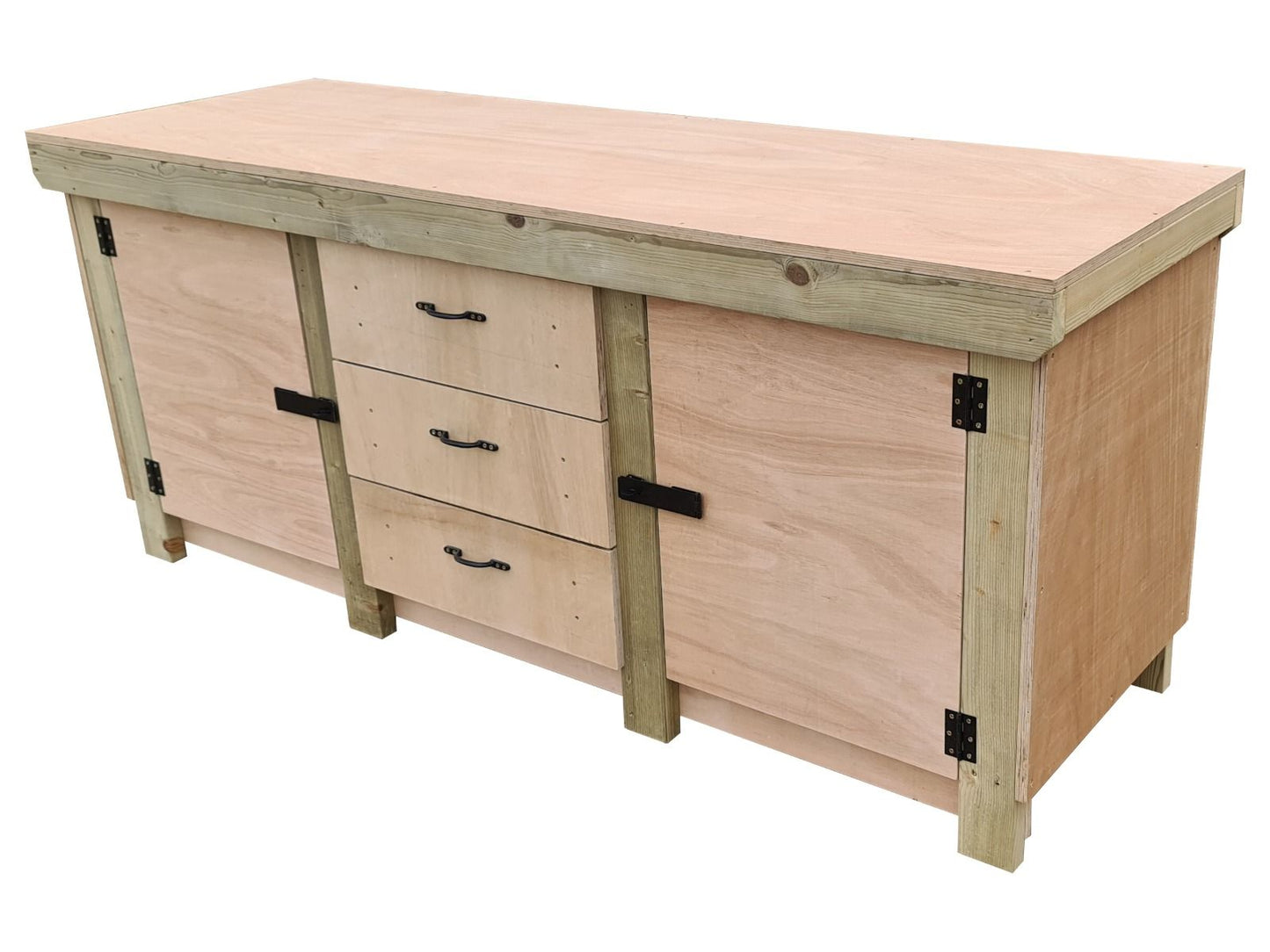 Eucalyptus top workbench with drawers and double lockable cupboard (V.8) with double shelf