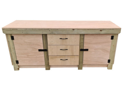 Eucalyptus top workbench with drawers and double lockable cupboard (V.8) with double shelf