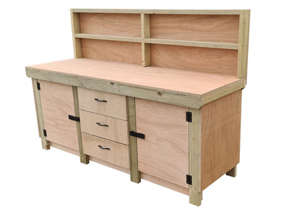 Eucalyptus top workbench with drawers and double lockable cupboard (V.8) with back panel