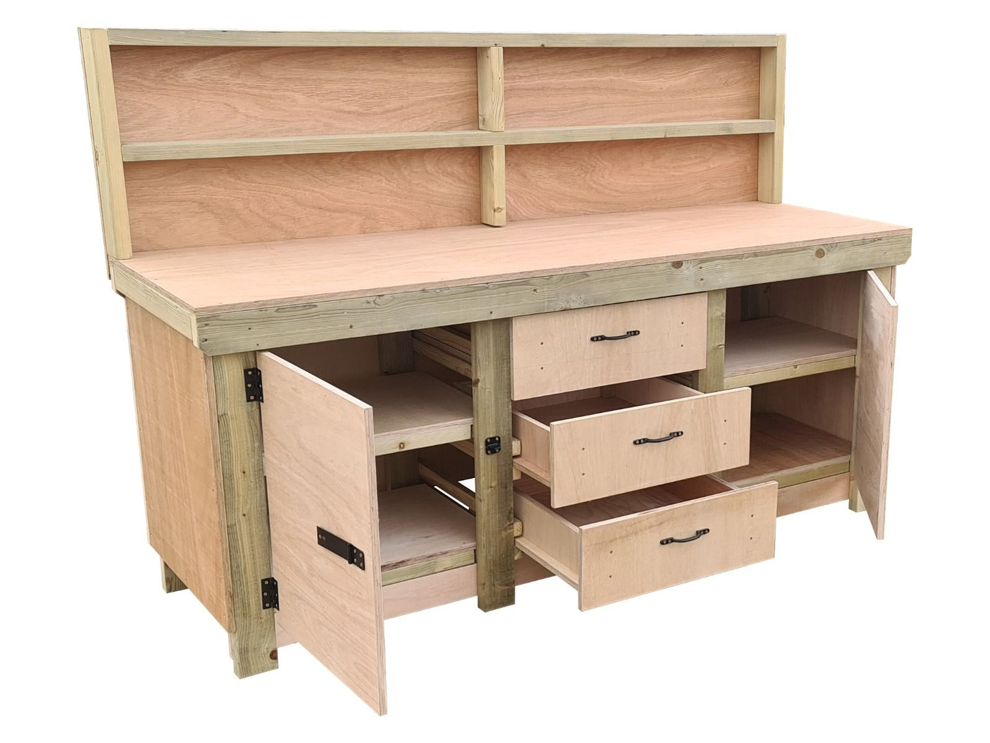 Eucalyptus top workbench with drawers and double lockable cupboard (V.8) with back panel & double shelf