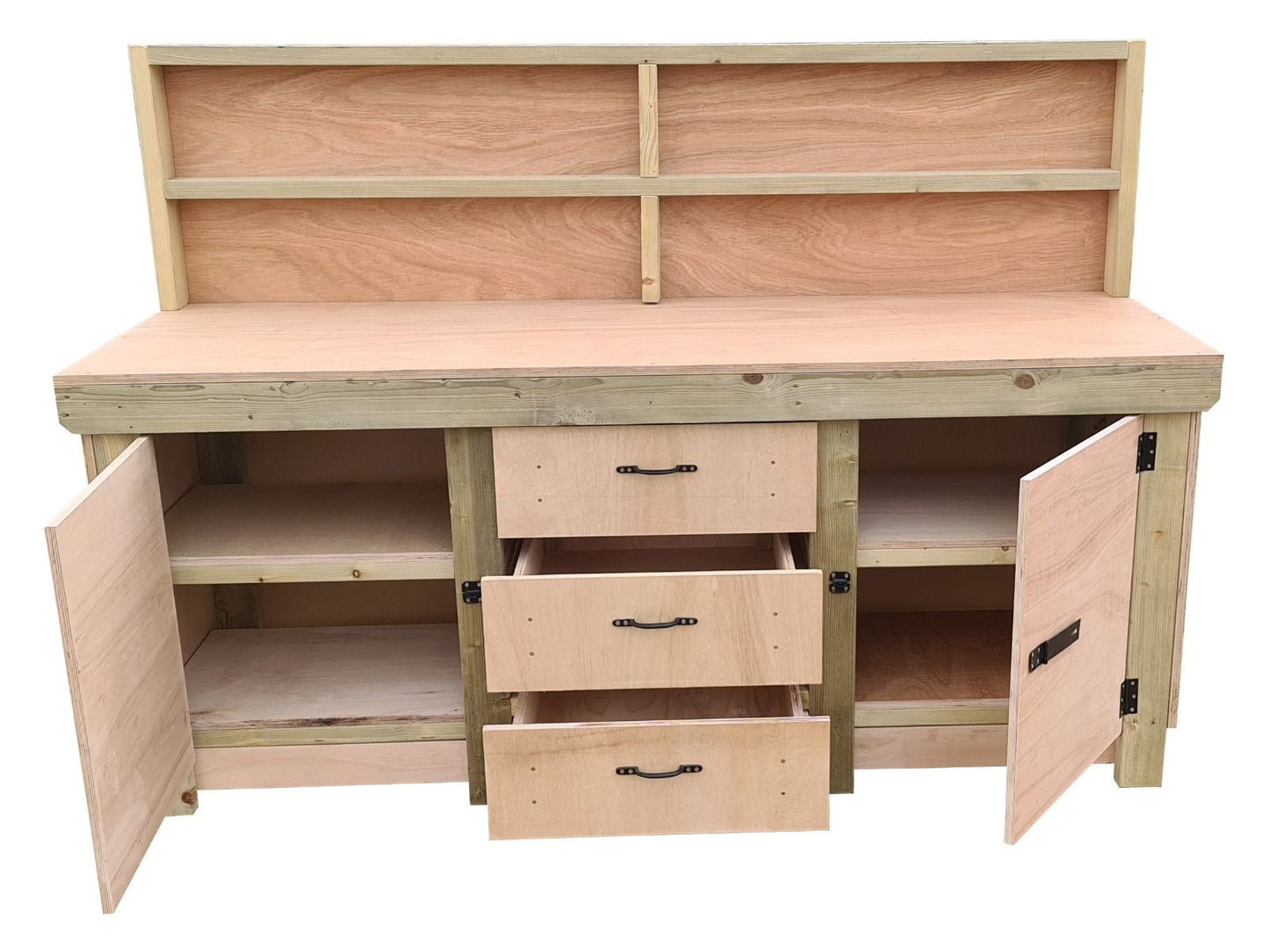 Eucalyptus top workbench with drawers and double lockable cupboard (V.8) with back panel & double shelf