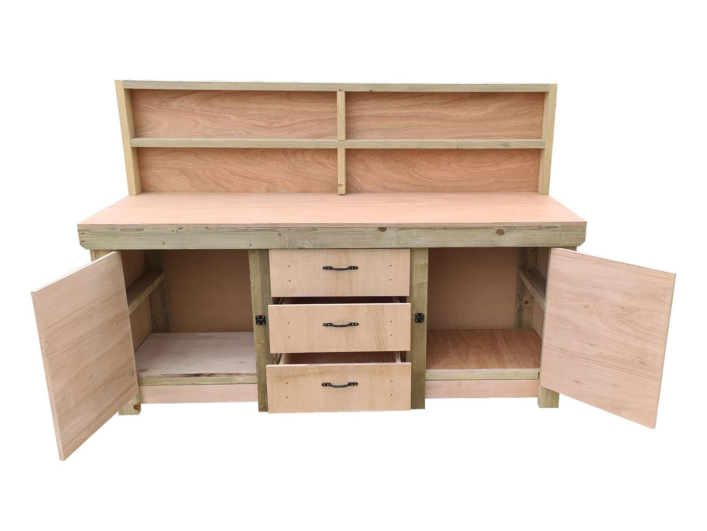 Eucalyptus top workbench with drawers and double lockable cupboard (V.8) with back panel