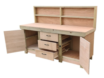 Eucalyptus top workbench with drawers and double lockable cupboard (V.8) with back panel