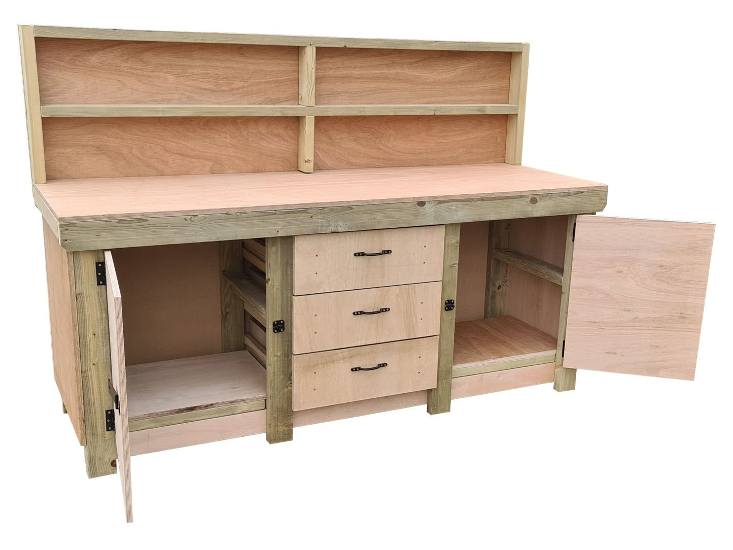 Eucalyptus top workbench with drawers and double lockable cupboard (V.8) with back panel