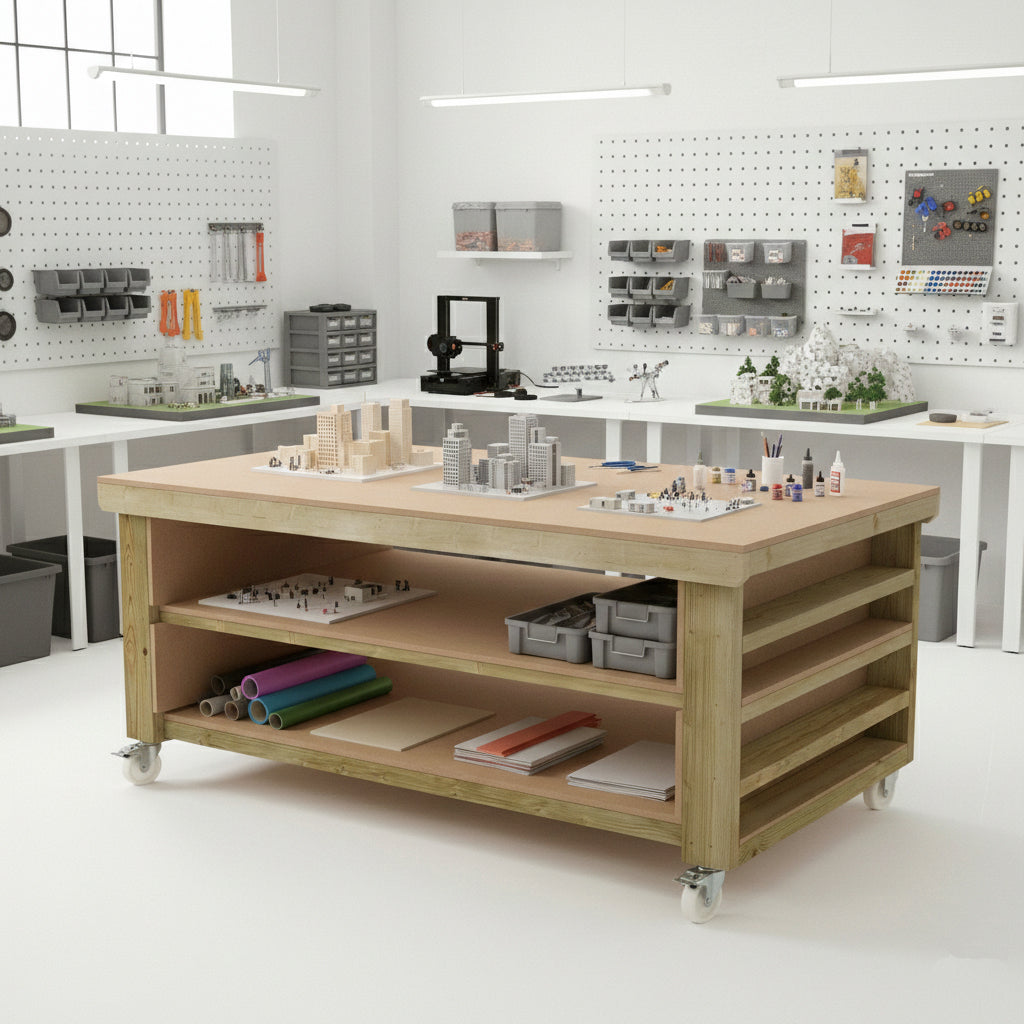 Wooden Workbench MDF Top with Extra shelving Depth-4ft With Double Shelf