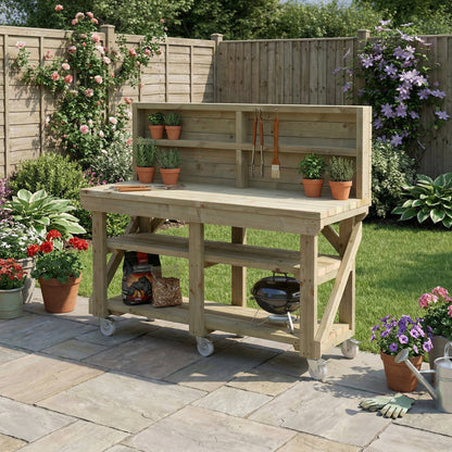 Indoor/outdoor workbench, pressure treated bench with back panel, double shelf and wheels