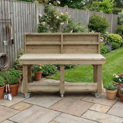Indoor/outdoor workbench, pressure treated bench with back panel and wheels