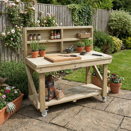 Indoor/outdoor workbench, pressure treated bench with back panel and wheels