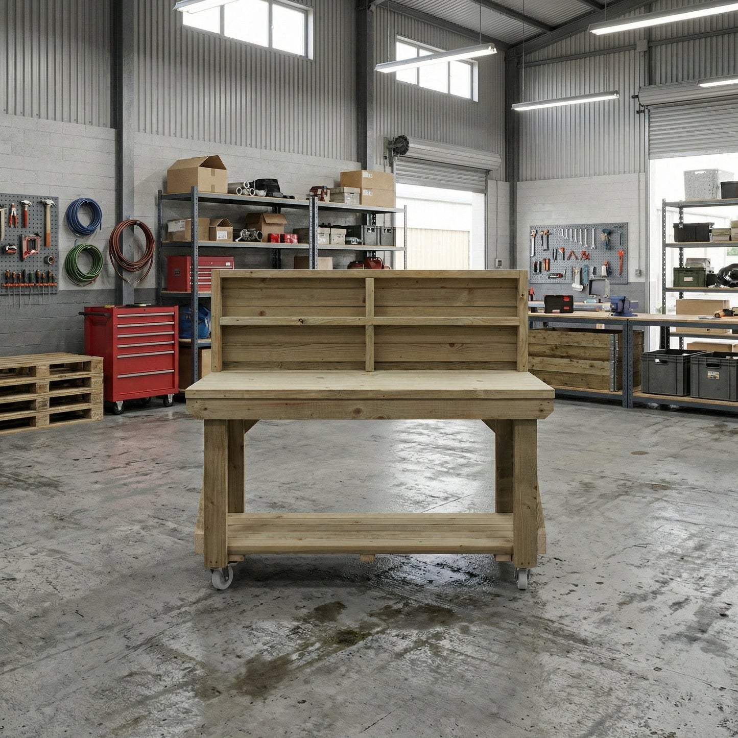 Indoor/outdoor workbench, pressure treated bench with back panel and wheels