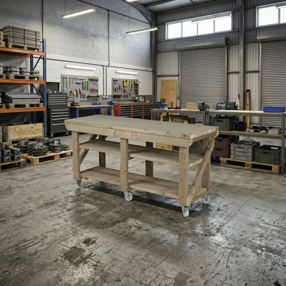 Indoor/outdoor workbench, pressure treated bench with double shelf and wheels
