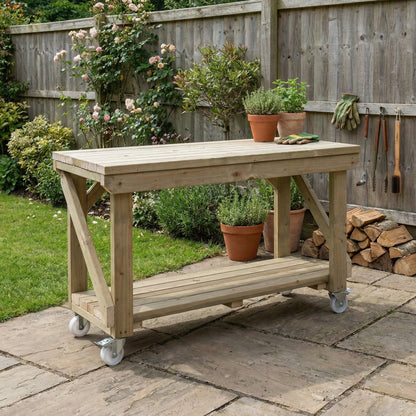 Indoor/outdoor workbench, pressure treated bench with wheels