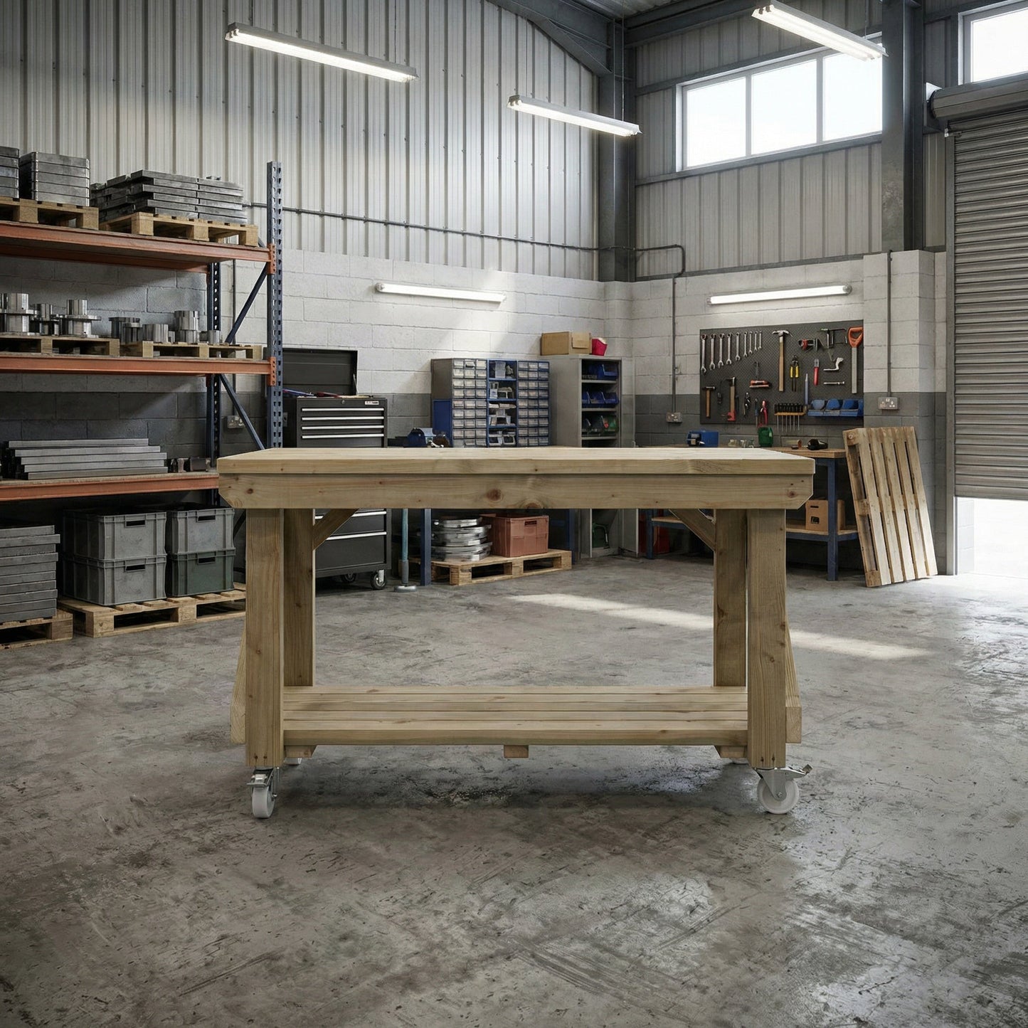 Indoor/outdoor workbench, pressure treated bench with wheels