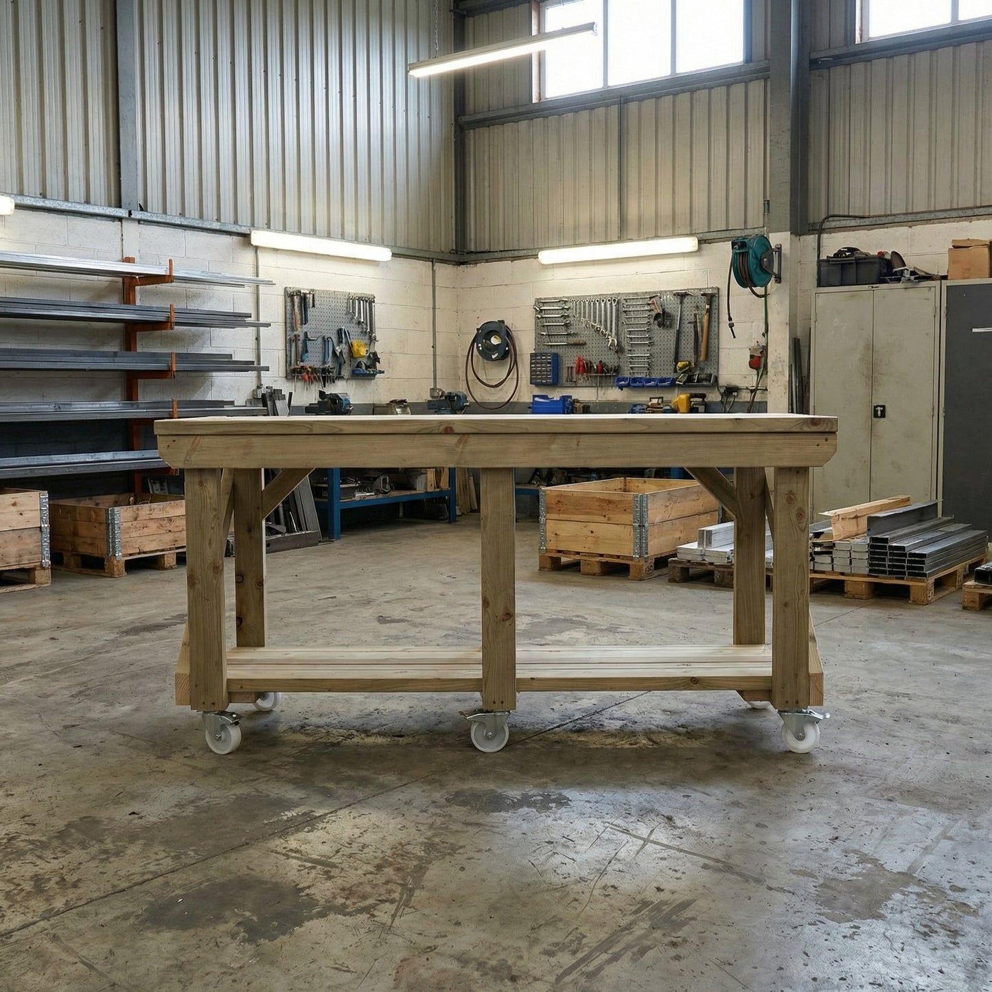 Indoor/outdoor workbench, pressure treated bench with wheels