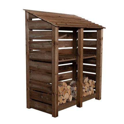 Slatted Wooden Log Store with Shelf W-146cm, H-126cm or 180cm, D-88cm - Brown Finish