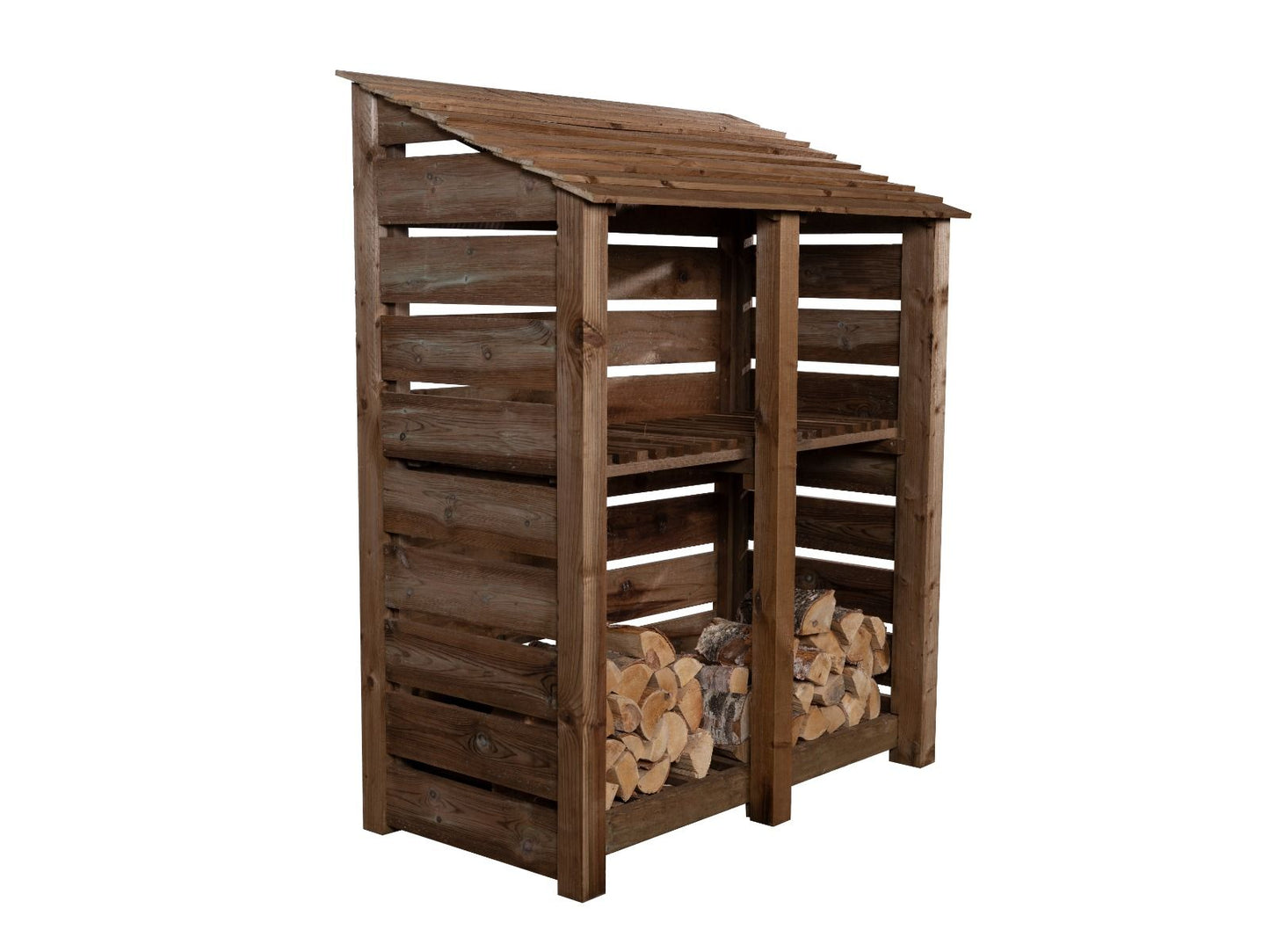 Slatted Wooden Log Store with Shelf W-146cm, H-126cm or 180cm, D-88cm - Brown Finish