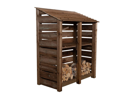 Slatted Wooden Log Store with Shelf W-146cm, H-126cm or 180cm, D-88cm - Brown Finish