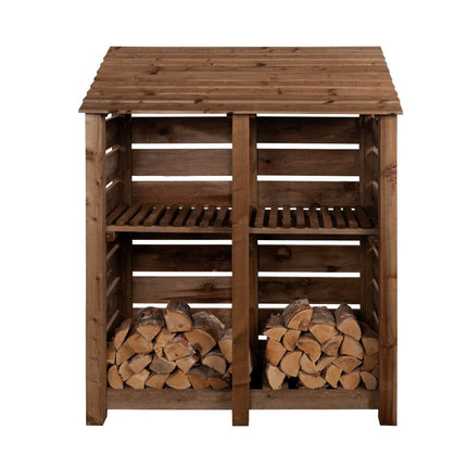 Slatted Wooden Log Store with Shelf W-146cm, H-126cm or 180cm, D-88cm - Brown Finish