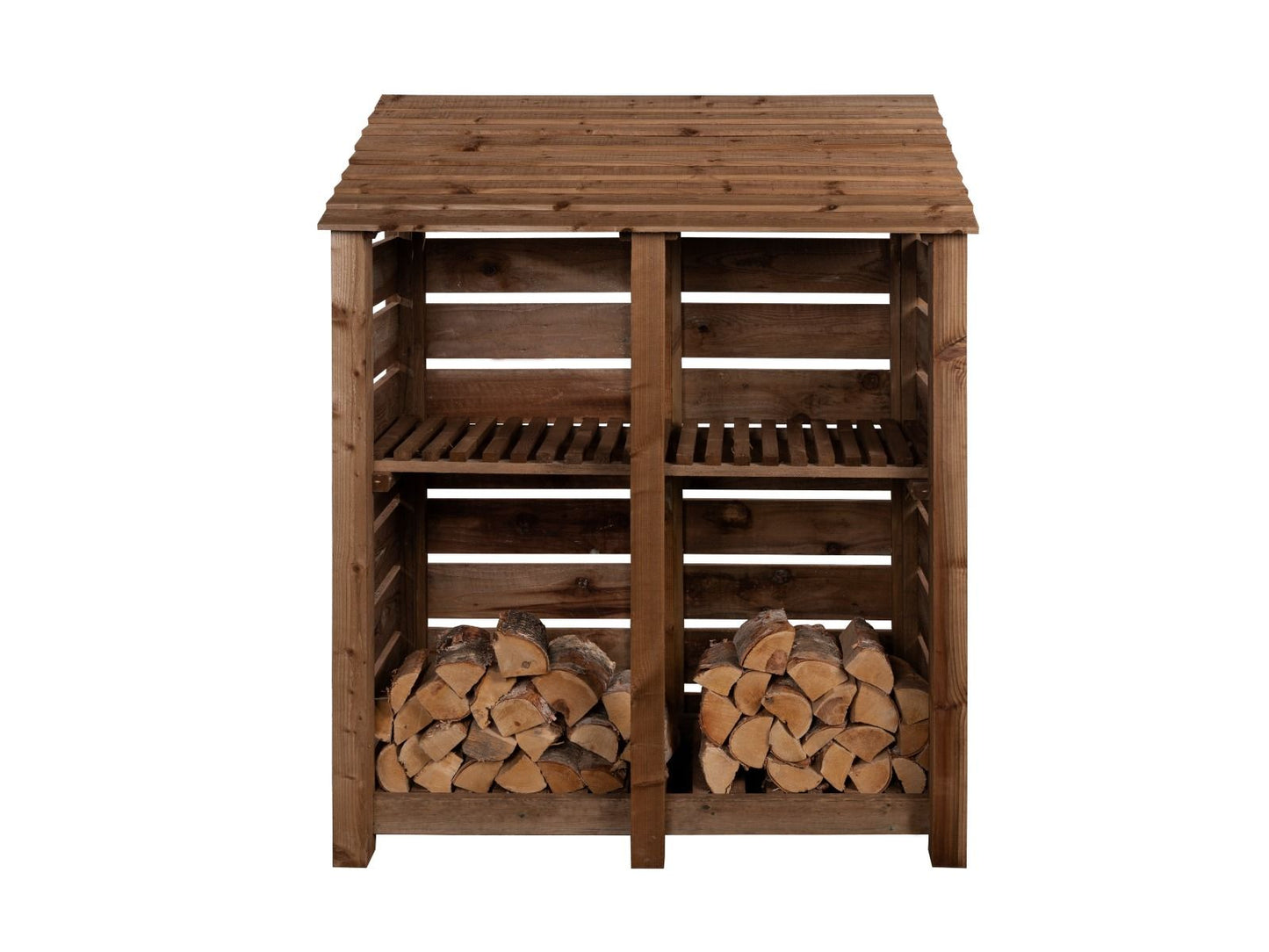 Slatted Wooden Log Store with Shelf W-146cm, H-126cm or 180cm, D-88cm - Brown Finish