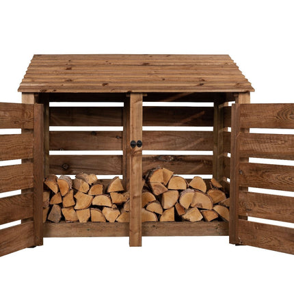 Slatted Wooden Log Store with Door W-146cm, H-126cm or 180cm, D-88cm - Brown Finish