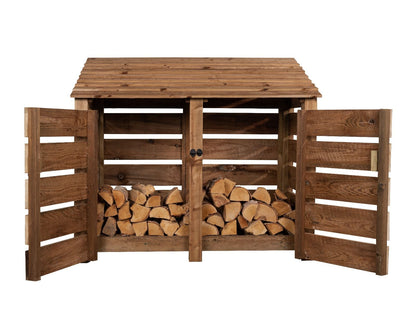 Slatted Wooden Log Store with Door W-146cm, H-126cm or 180cm, D-88cm - Brown Finish
