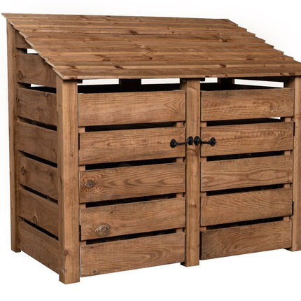 Slatted Wooden Log Store with Door and Shelf W-146cm, H-126cm or 180cm, D-88cm - Brown Finish