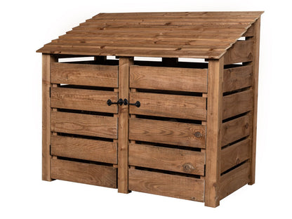 Slatted Wooden Log Store with Door and Shelf W-146cm, H-126cm or 180cm, D-88cm - Brown Finish