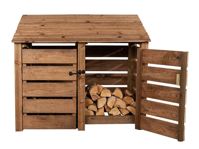 Slatted Wooden Log Store with Door W-146cm, H-126cm or 180cm, D-88cm - Brown Finish