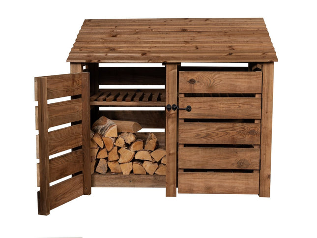 Slatted Wooden Log Store with Door and Shelf W-146cm, H-126cm or 180cm, D-88cm - Brown Finish