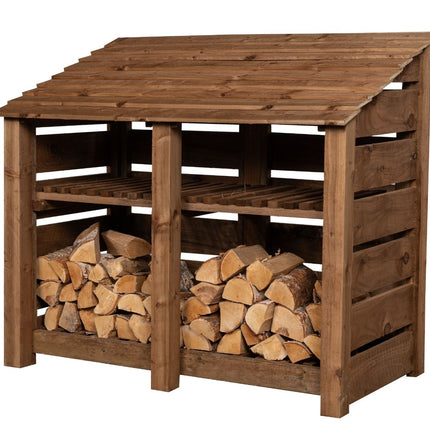 Slatted Wooden Log Store with Shelf W-146cm, H-126cm or 180cm, D-88cm - Brown Finish