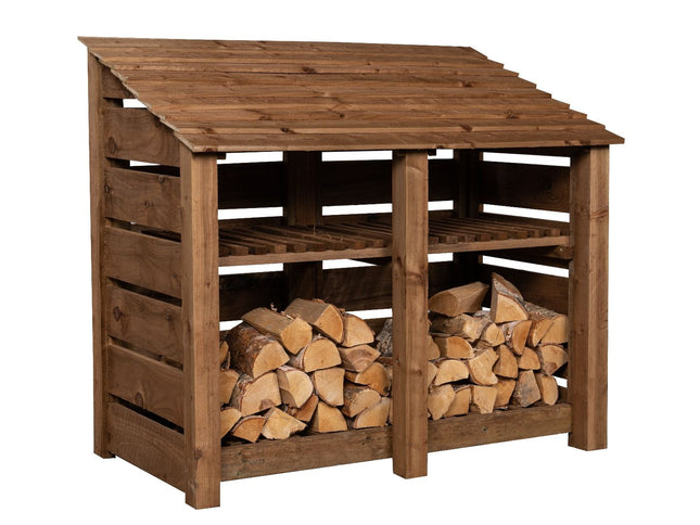 Slatted Wooden Log Store with Shelf W-146cm, H-126cm or 180cm, D-88cm - Brown Finish